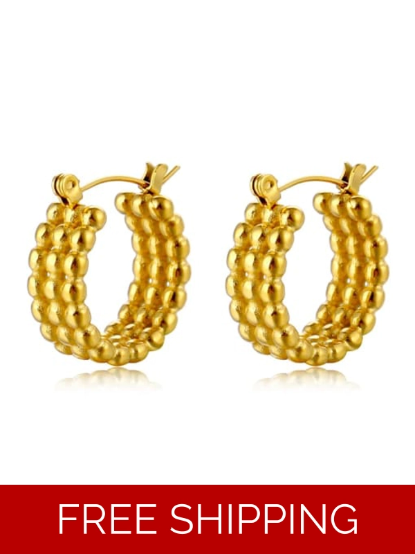 Stainless Steel 3 Row Beads Hoop Earrings